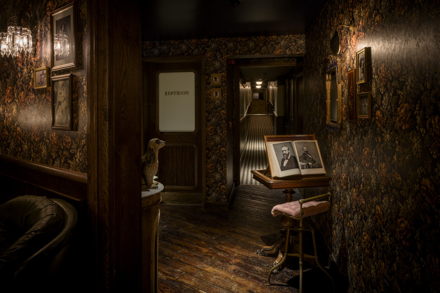 Nola's Speakeasy bar London, dim lit, eclectic decor, reclaimed furniture, dim lit, atmospheric space designed by 3Stories Interior design