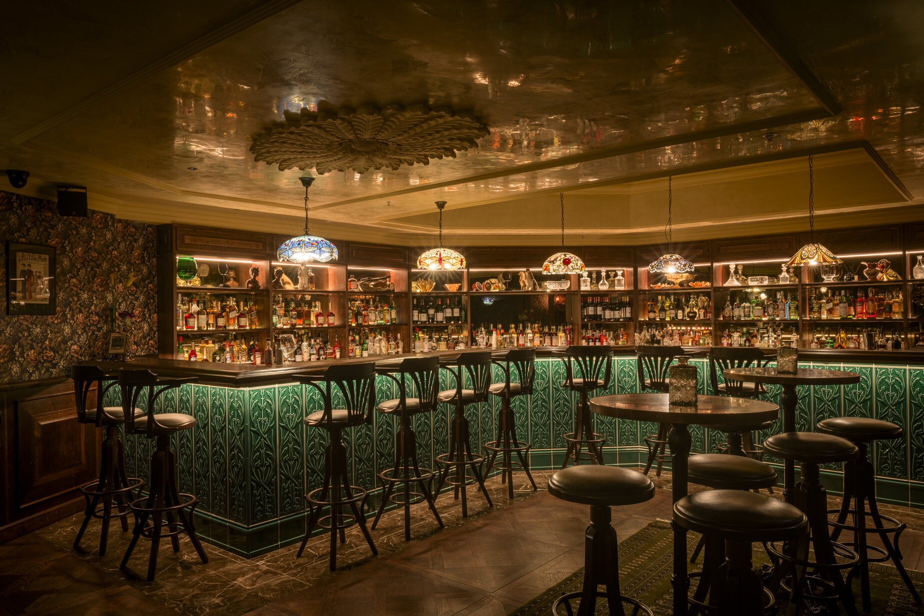 Spectacular speakeasy bar dim lit, Nola's London Goods Way, themed interior design