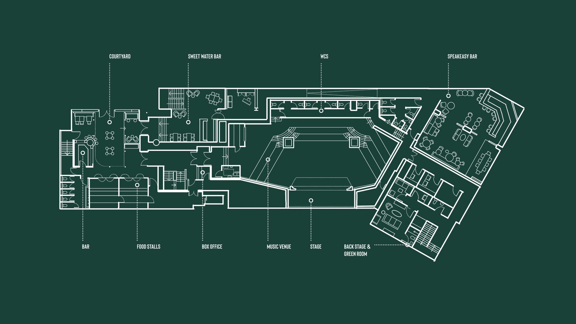 Architectural plan of Goods Way King's Cross London, Lafayette Music Venue, Nola's Speakeasy Bar London designed by 3Stories Interior Design and branding creative agency