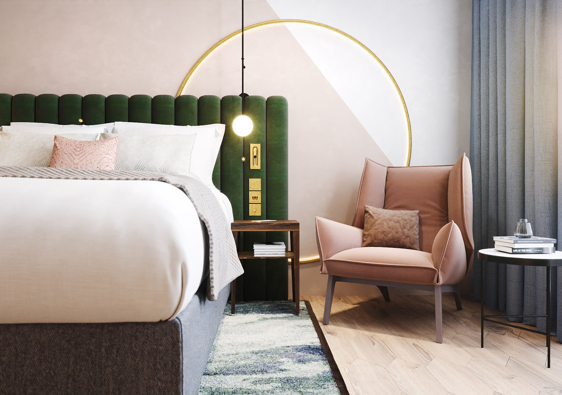 3D Visual detail of a bedroom in Hotel Indigo Clerkenwell featuring a green headboard, pink lounge chair, light, inviting and relaxing room atmosphere, IHG hotels and resorts modern hotel interior design by 3Stories Interior Design and branding creative agency.