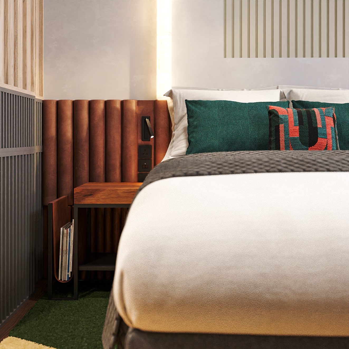 Detail view of bedroom, bed and wood panelling 3D concept for Indigo Clerkenwell, IHG Hotels and Resorts