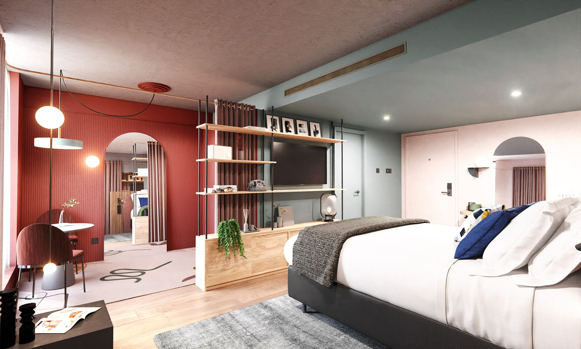 3D model of Indigo Clerkenwell large bedroom for IHG Hotels and Resorts made by 3Stories interior design London