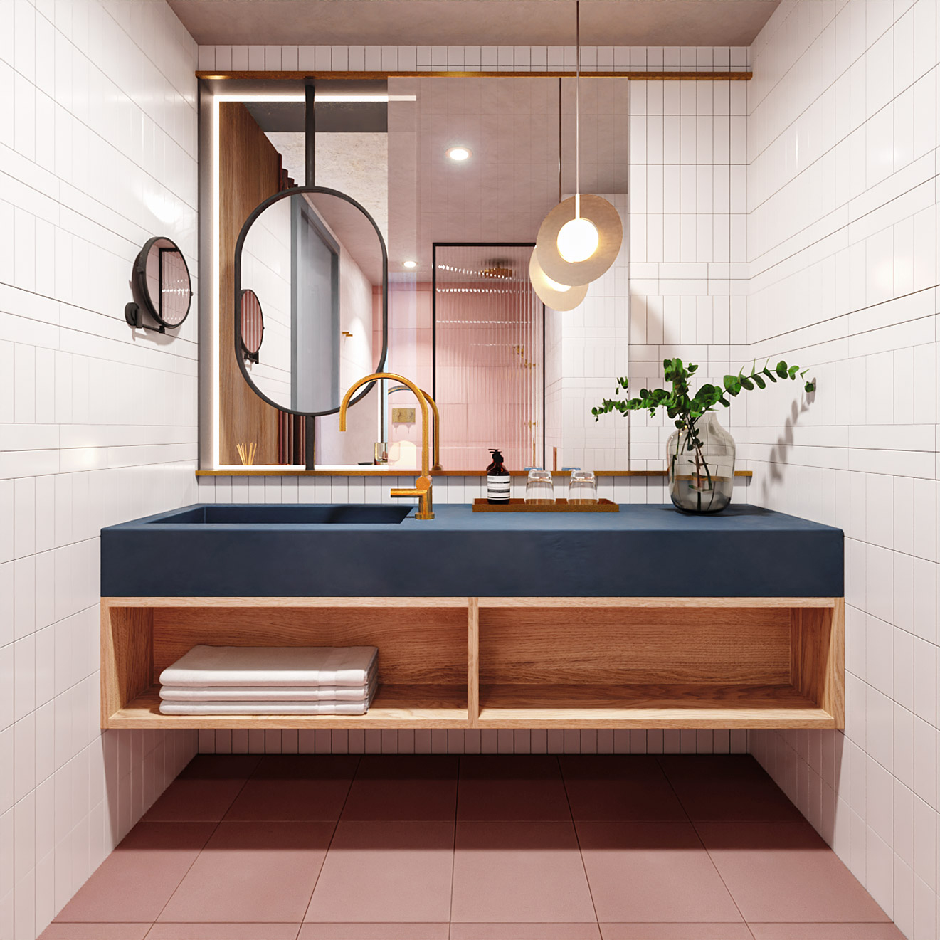 Bathroom pink, blue, minimal modern 3D concept for Indigo Clerkenwell, IHG Hotels and Resorts by 3Stories interiors