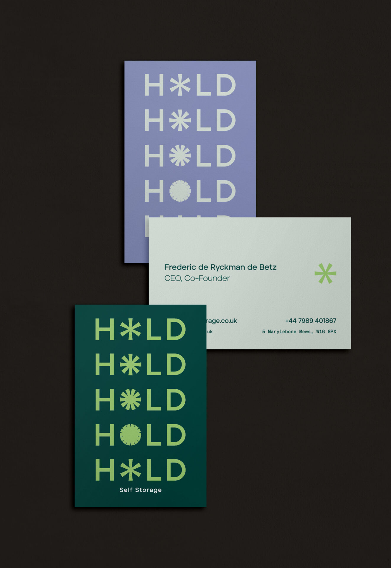 Business cards for Hold Self Storage company, featuring a repeated modern, minimal, asterix logo, relatable tone of voice and content, designed by 3Stories Interior Design, branding and agency London