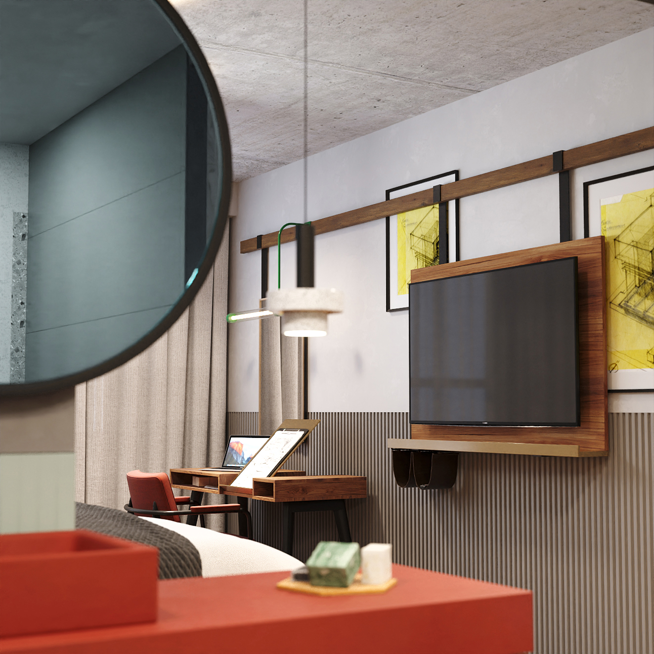 Hotel bedroom space designed as workspace featuring a hanging screen, 3D model concept for Indigo Hotel, IHG Hotels and resorts, made by 3Stories interior design