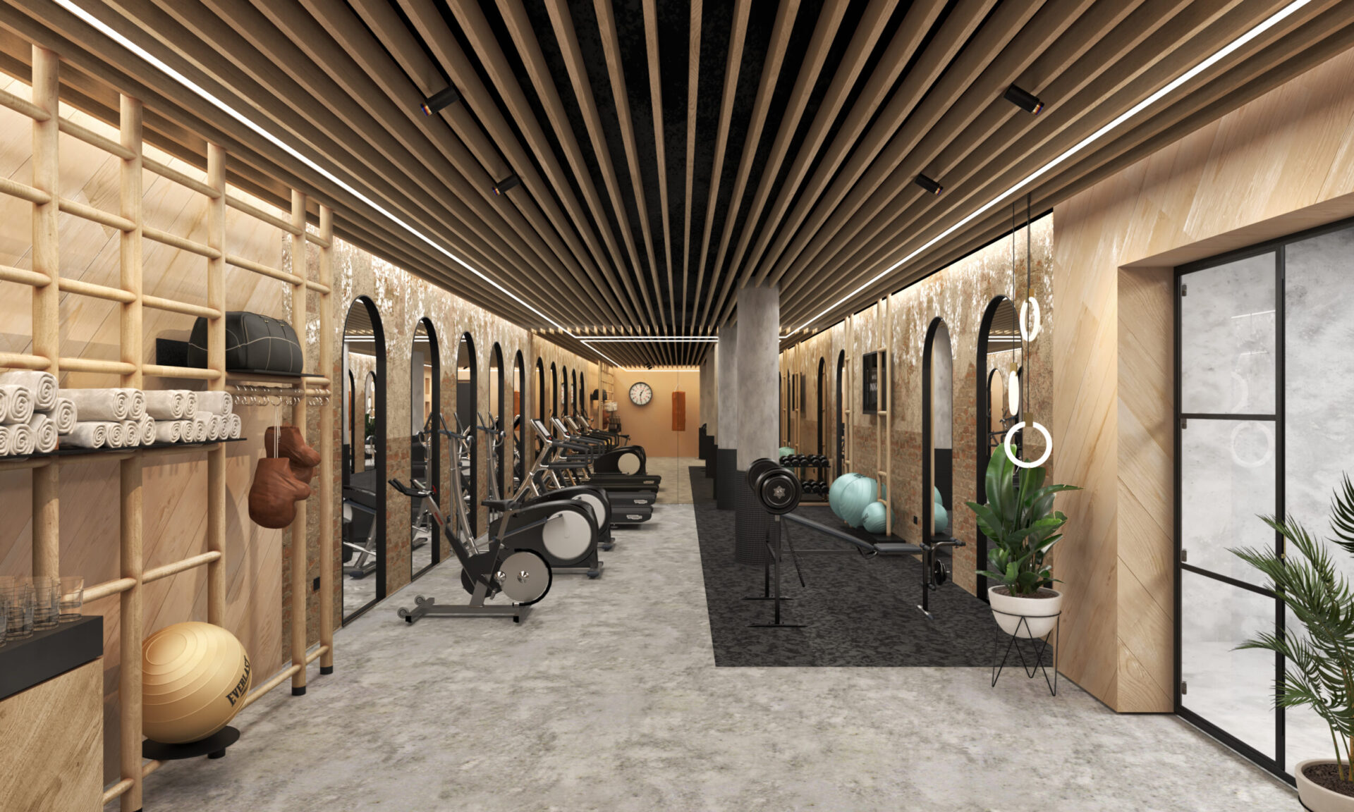 Hotel private gym space, minimal, modern, progressive, relaxing, 3D model concept for Indigo Hotel, IHG Hotels and resorts, made by 3Stories interior design