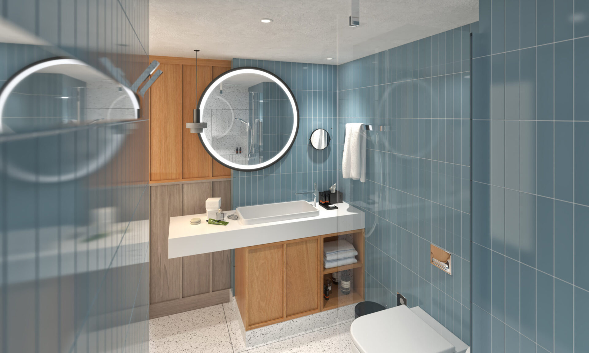 Blue bathroom minimal modern 3D concept for Indigo Clerkenwell, IHG Hotels and Resorts by 3Stories interiors