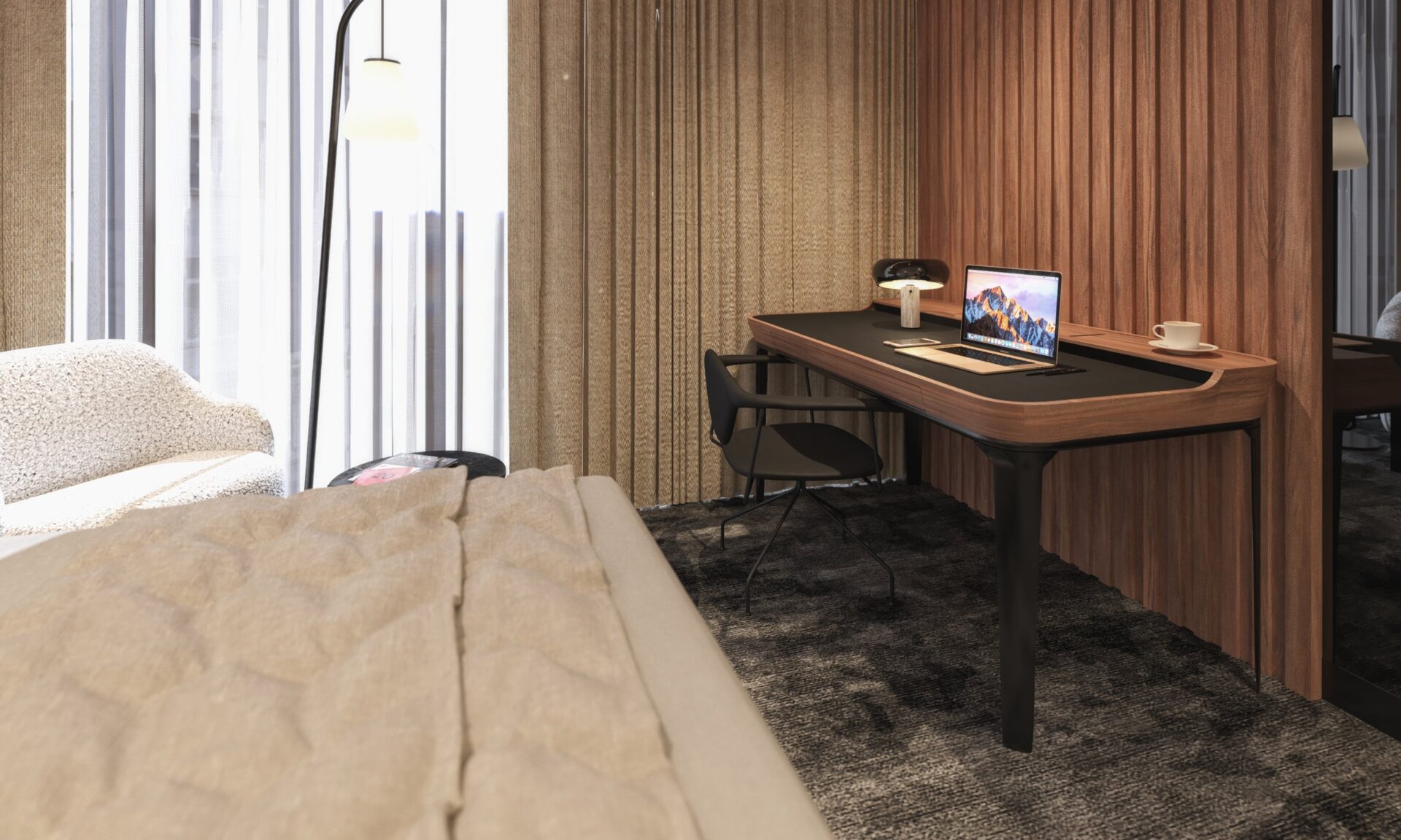 3D model of Movenpick Accor hotel bedroom interior design featuring a working desk and laptop