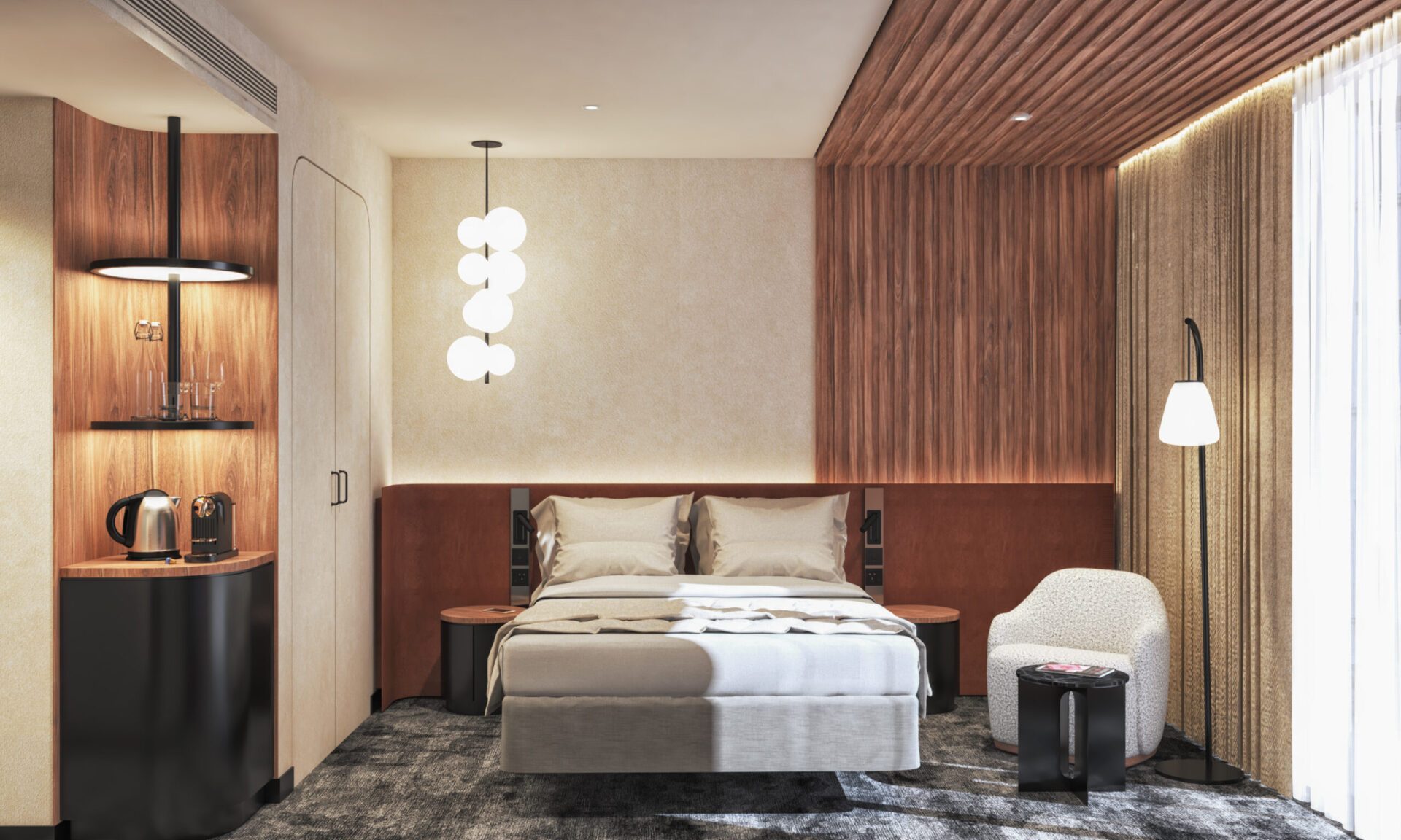 3D interior design model of Movenpick bedroom Accor, featuring Double Bed, wooden panels and modern hanging lights