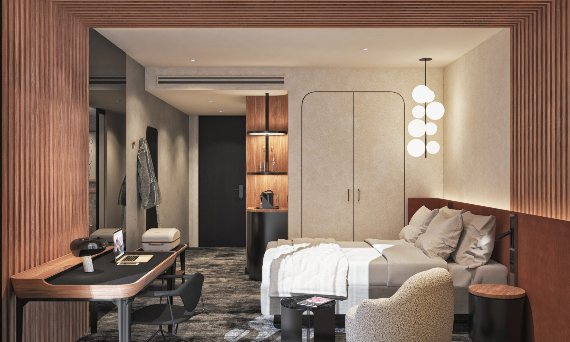 3D model of bedroom Movenpick hotel Accor, beige and wood tones, modern and minimal interior design made by 3Stories