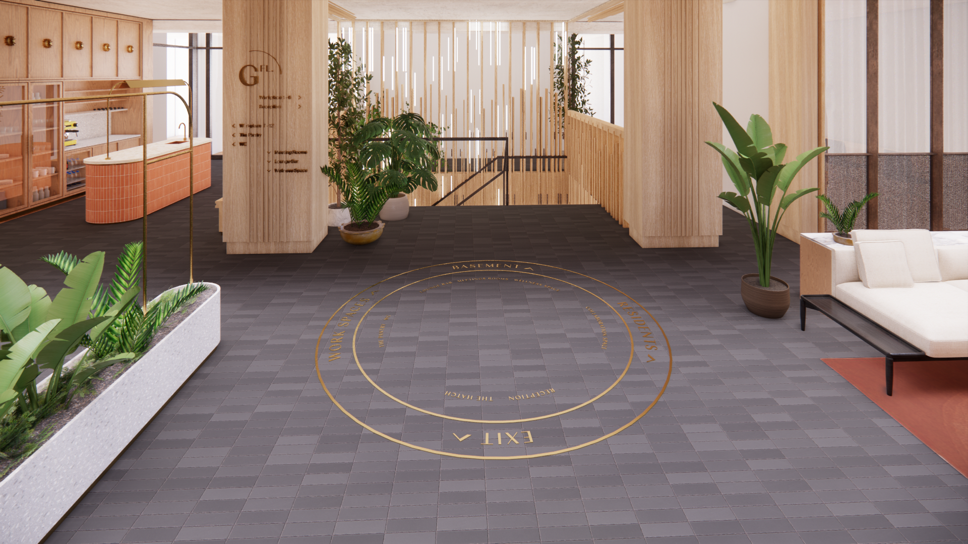 Floor wayfinding in office spaces featuring a modern application of brand identity