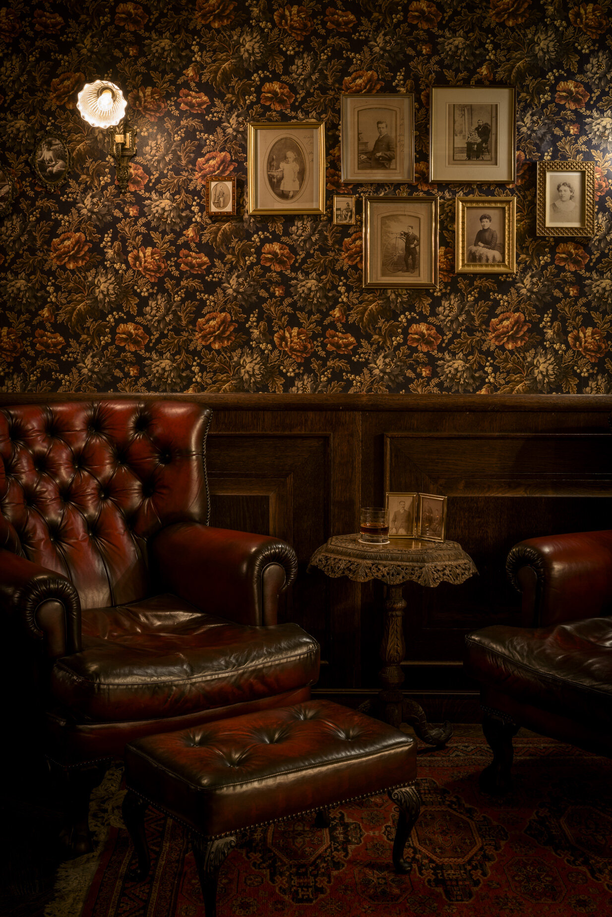 Nola's Speakeasy bar London, dim lit, eclectic decor, reclaimed furniture, dim lit, atmospheric space designed by 3Stories Interior design