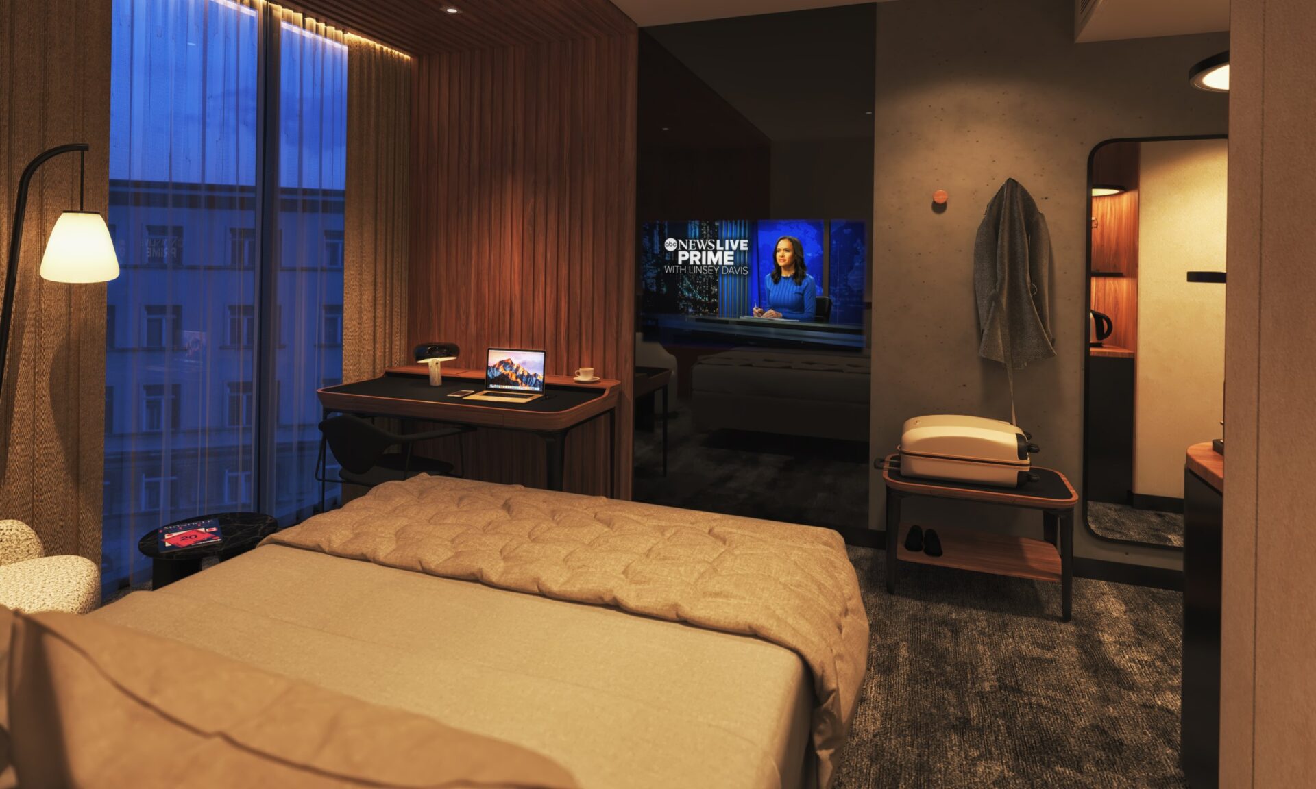 3D interior design model of Movenpick bedroom Accor, featuring Double Bed, wooden panels and modern hanging lights, TV screen and luggage area