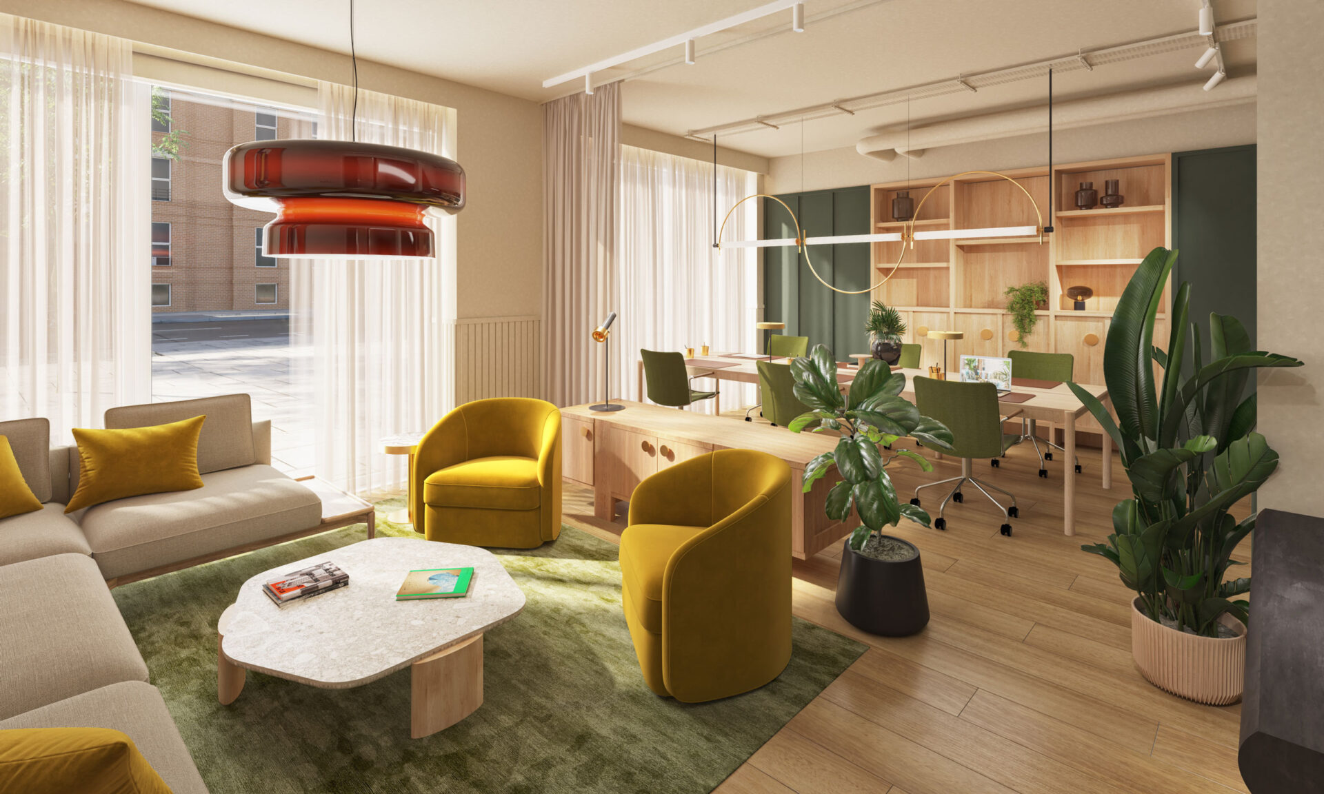 3D Model of interior design for Maltings Place office spaces in London, featuring modern furniture and plants