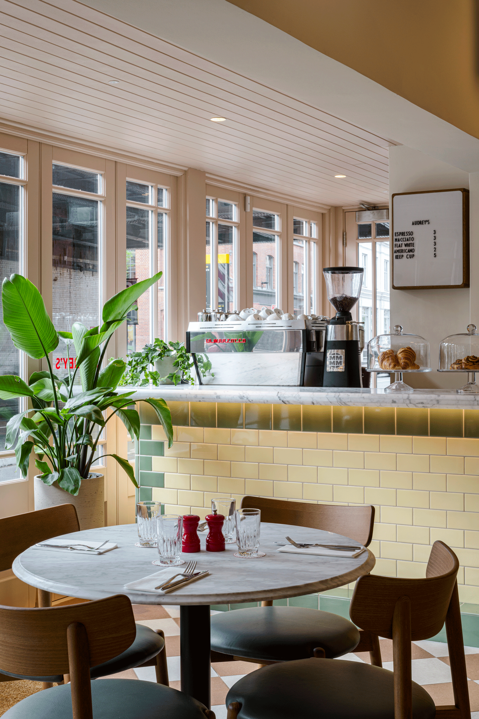 Audrey's Cafe & Bar Borough modern and retro restaurant designed by 3Stories Interior Design and branding creative agency London, featuring victorian inspired tiles, cosy and unpretencious interior