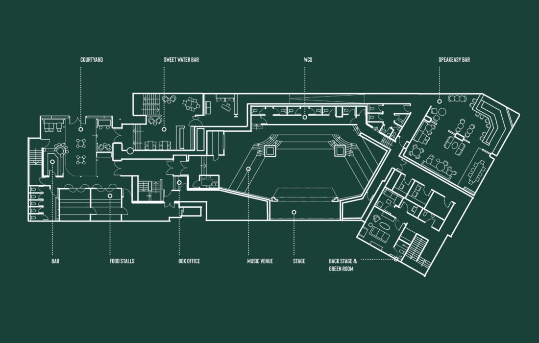 Architectural plan of Goods Way King's Cross London, Lafayette Music Venue, Nola's Speakeasy Bar London designed by 3Stories Interior Design and branding creative agency