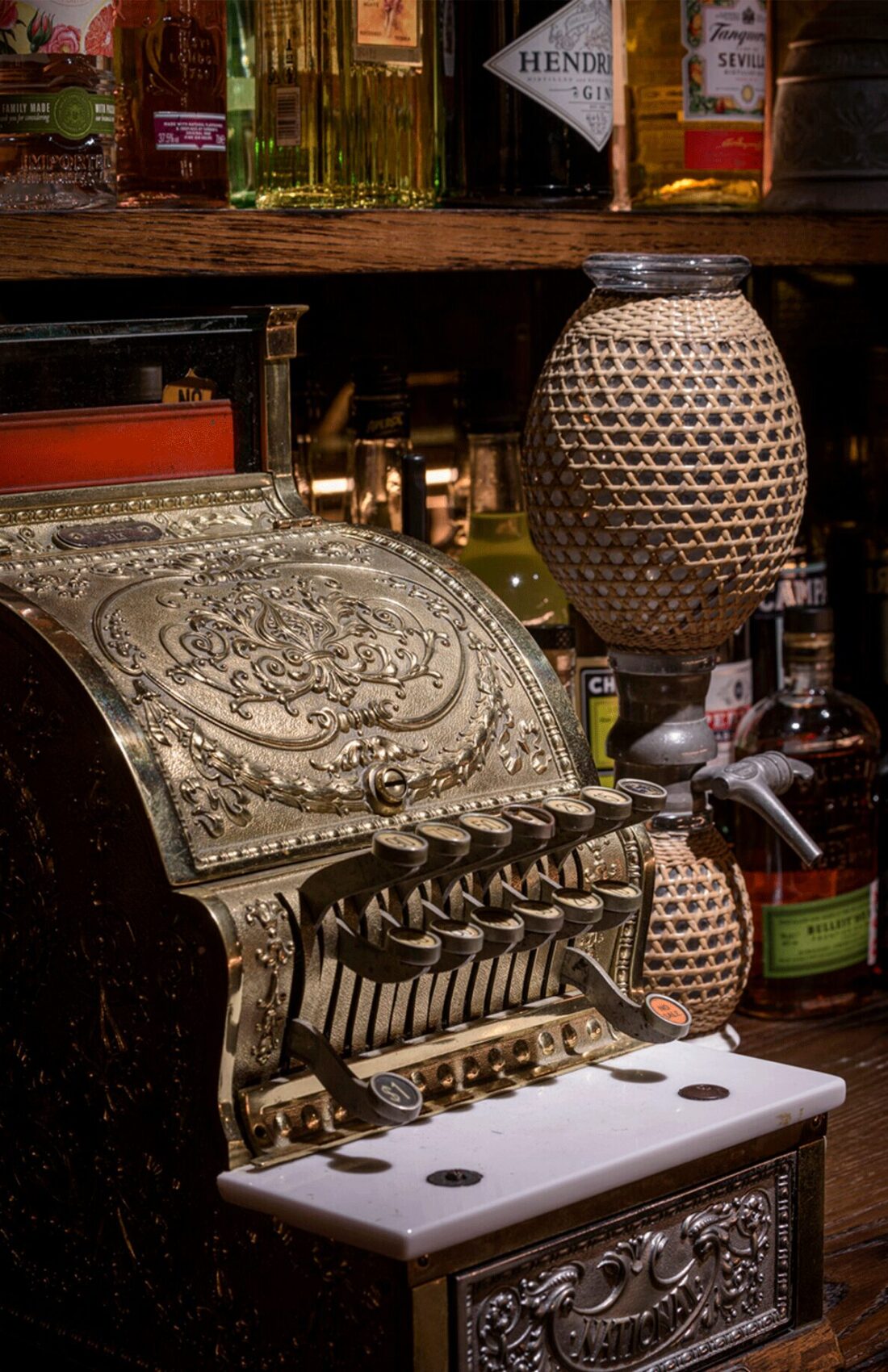 Vintage antique national typewriter used as decorative detail inside Good's Way music venue and events space in King's Cross, London, designed by 3Stories Interior Design and Branding creative agency